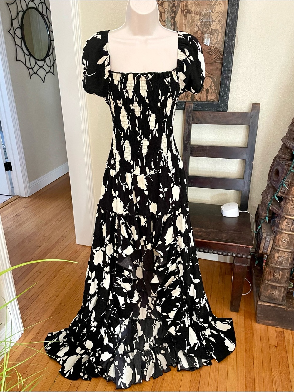 Muche et Muchette Sakura Black & Cream Floral Hi-Low Ruffled Dress M L